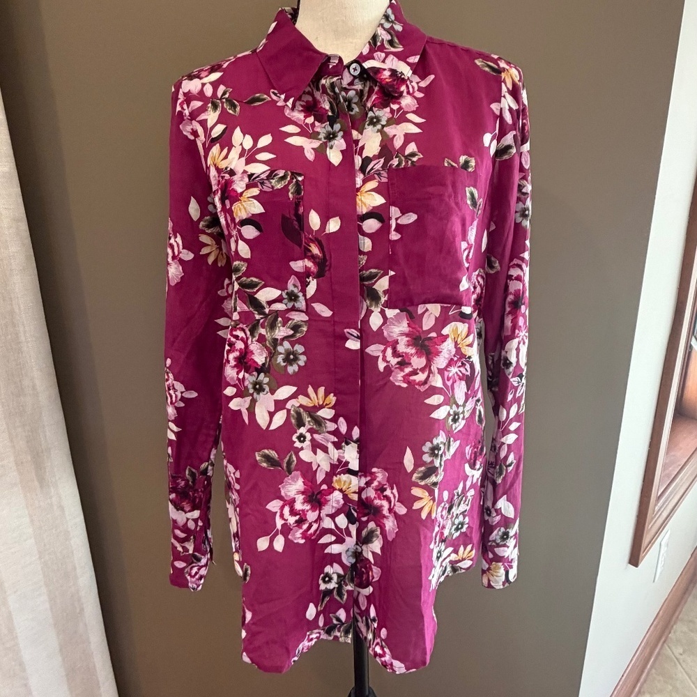 White House Black Market Purple Floral Long Sleeve Silk Blend Shirt, Size 8